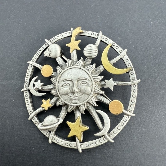Vintage JJ Jonette Signed Celestial Brooch Pin Pewter Gold Tone Sun Moon Stars - Picture 2 of 6